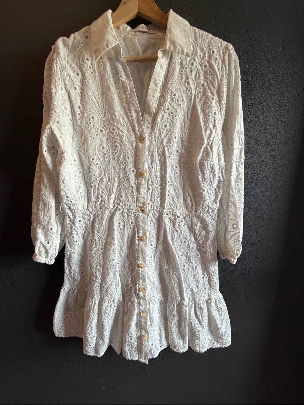 MNG White Eyelet Button-Down Tunic with Ruffle Hem with no belt